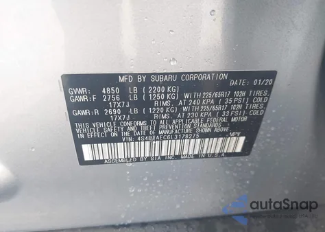 2020 Subaru Outback Premium z USA, uszkodzony, nr VIN 4S4BTAEC6L3178275